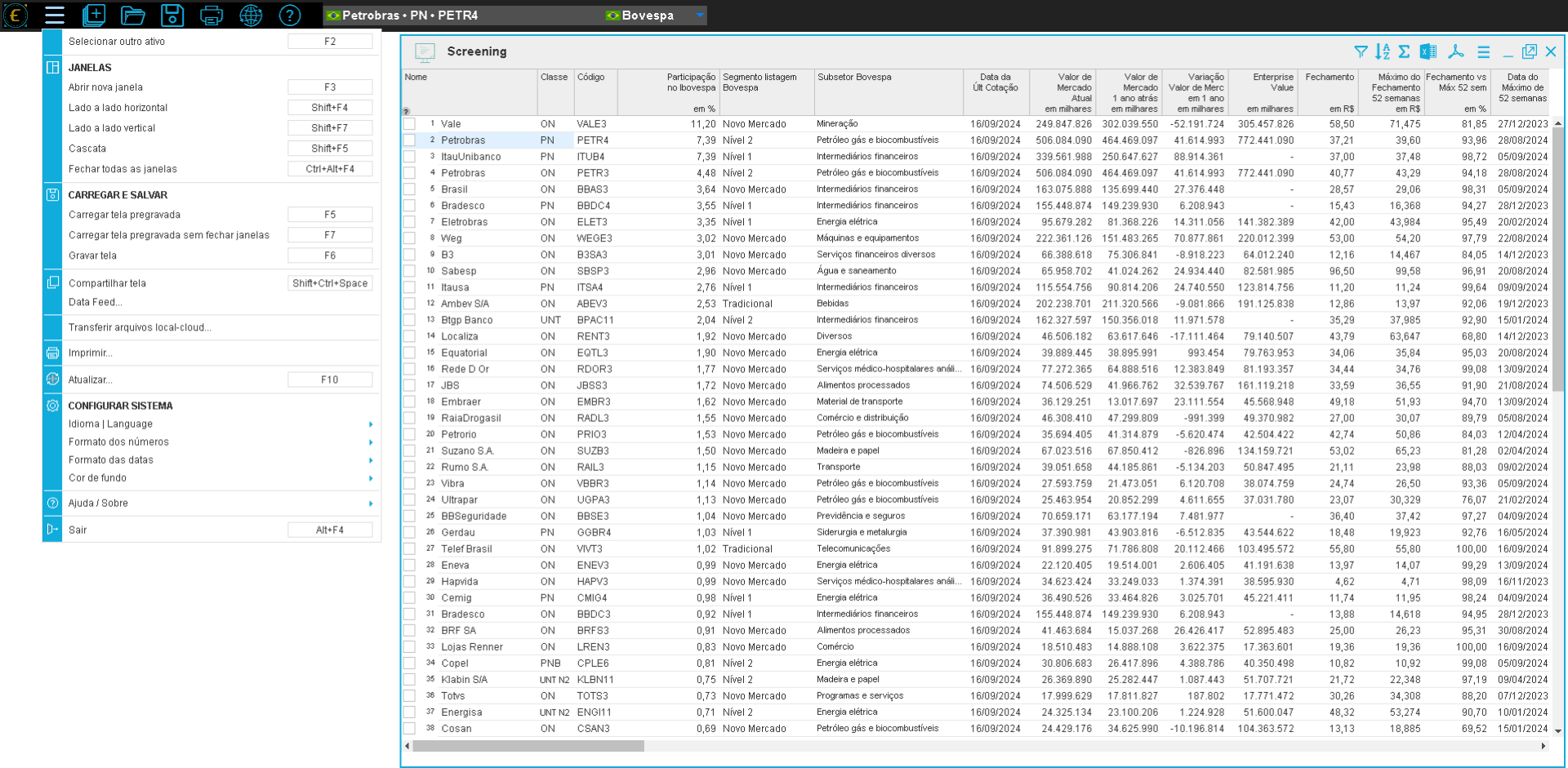 Menu de configuração do Data Feed